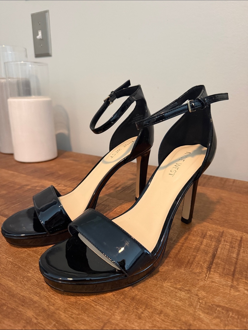 Nine West Black Patent Ankle-Strap Platform Heels